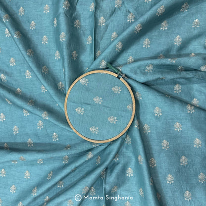 Teal Blue Floral Embroidered Raw Silk Fabric