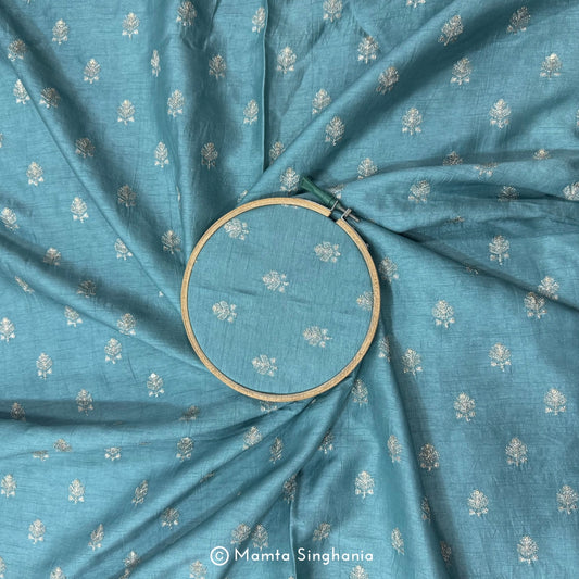Teal Blue Floral Embroidered Raw Silk Fabric