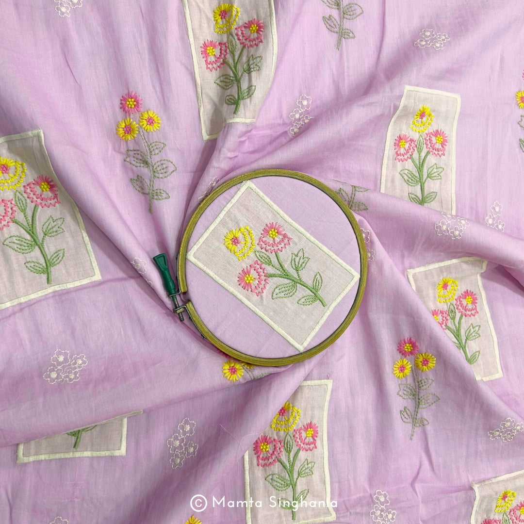 Lavender Floral Embroidered Mul Chanderi Fabric