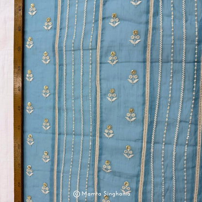 Blue Floral Embroidered Mul Chanderi Fabric
