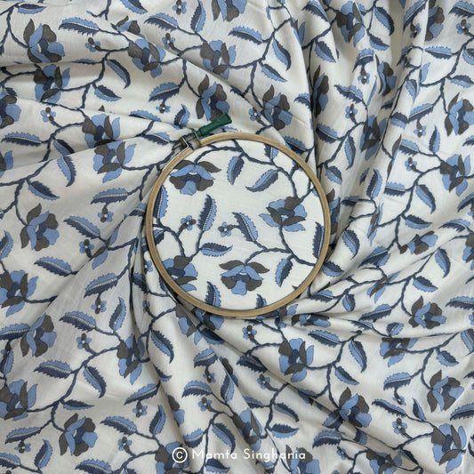 Blue Leaf Printed Cotton Fabric