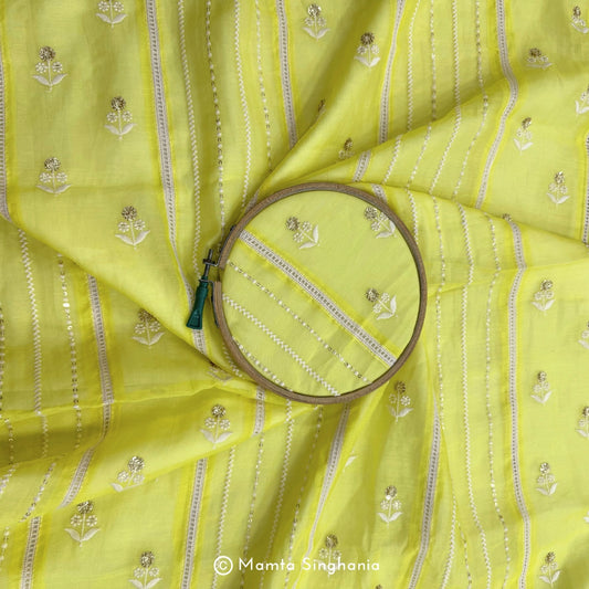 Yellow Floral Embroidered Mul Chanderi Fabric