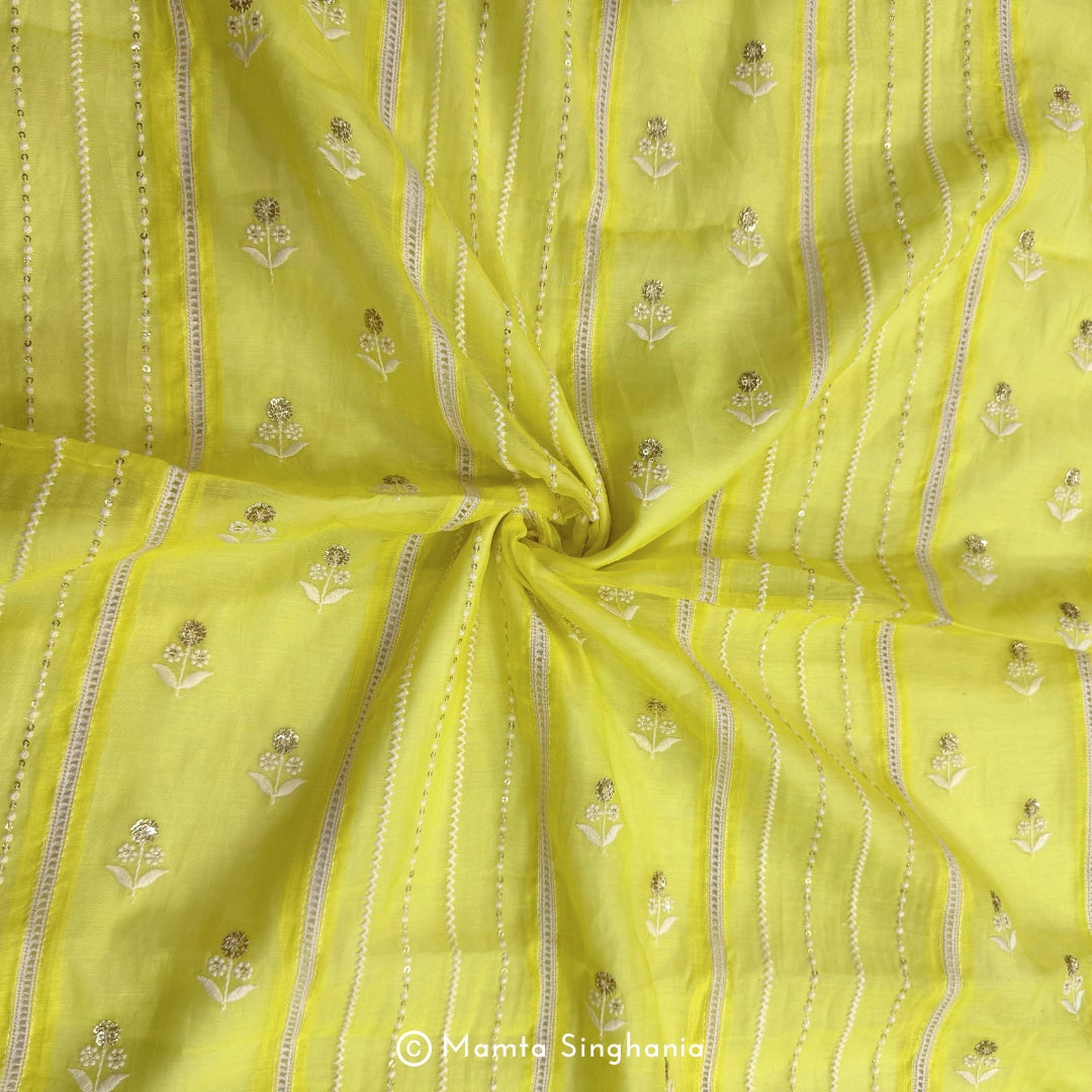 Yellow Floral Embroidered Mul Chanderi Fabric