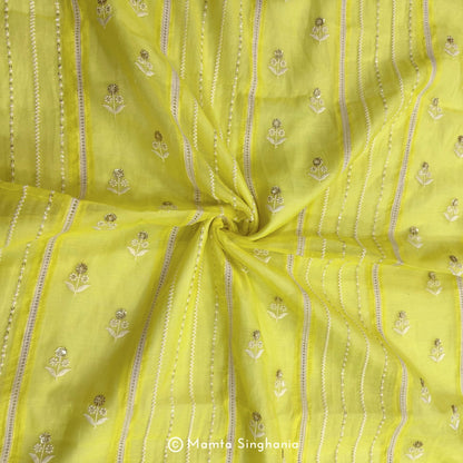 Yellow Floral Embroidered Mul Chanderi Fabric