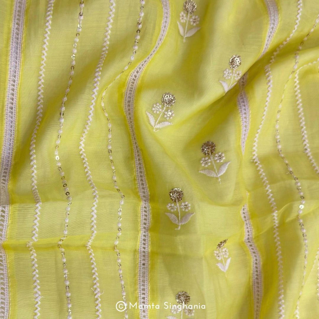Yellow Floral Embroidered Mul Chanderi Fabric