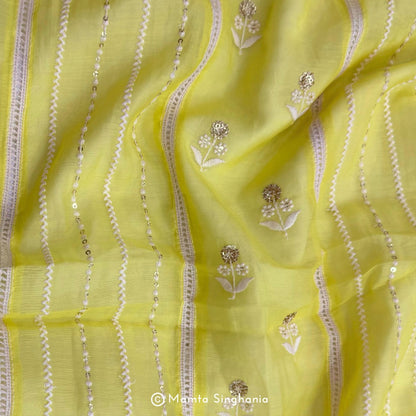 Yellow Floral Embroidered Mul Chanderi Fabric