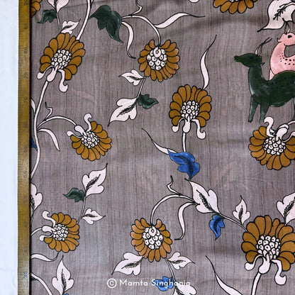 Grey Floral and Fauna Printed Modal Satin Fabric