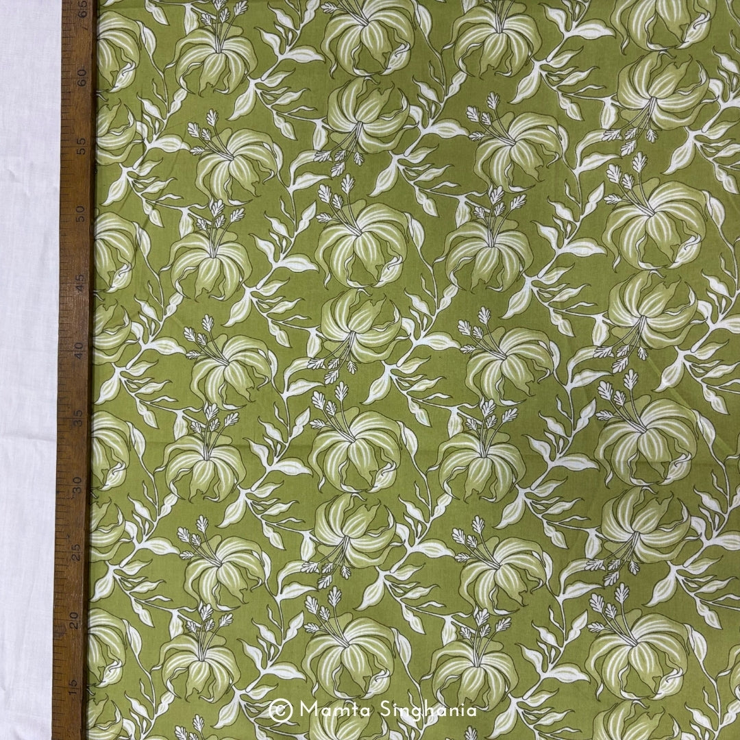Light Pastel Green Floral Printed Cotton Fabric