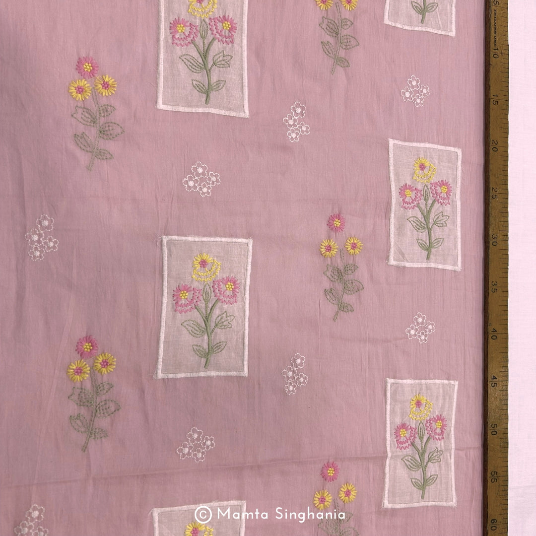 Light Pastel Pink Floral Embroidered Mul Chanderi Fabric