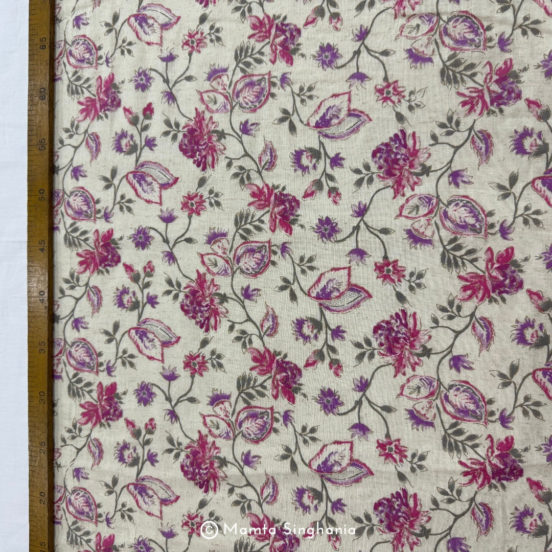 Magenta Floral Handloom Cotton Fabric with Foil Print