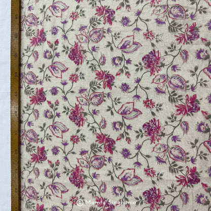 Magenta Floral Handloom Cotton Fabric with Foil Print