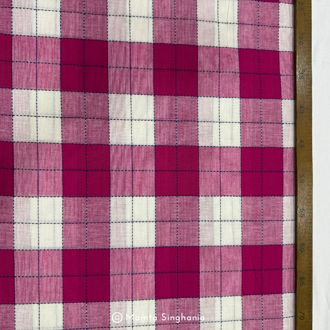 Pink and White Checks Handloom Khadi Cotton Fabric