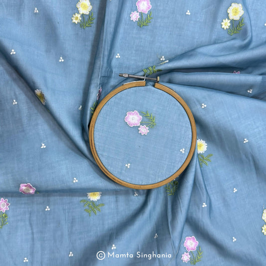 Blue Floral Embroidered Chanderi Fabric