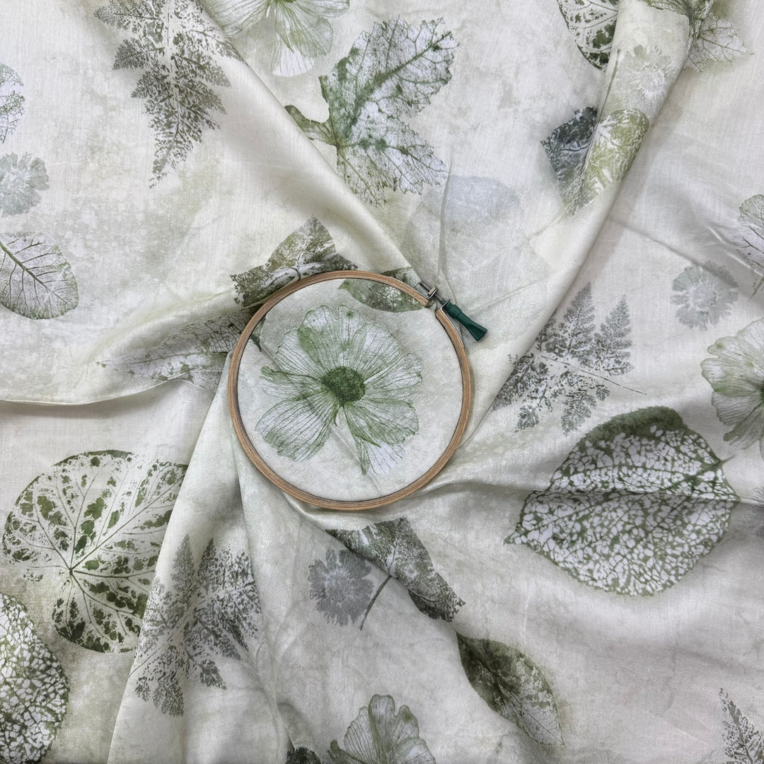 Green Floral Digital Printed Mul Chanderi Fabric