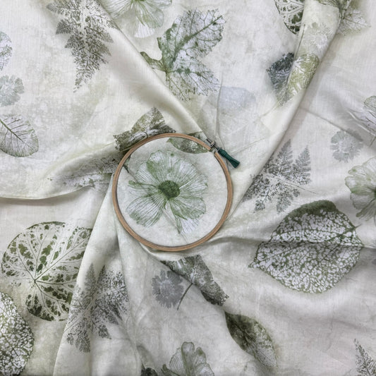 Green Floral Digital Printed Mul Chanderi Fabric