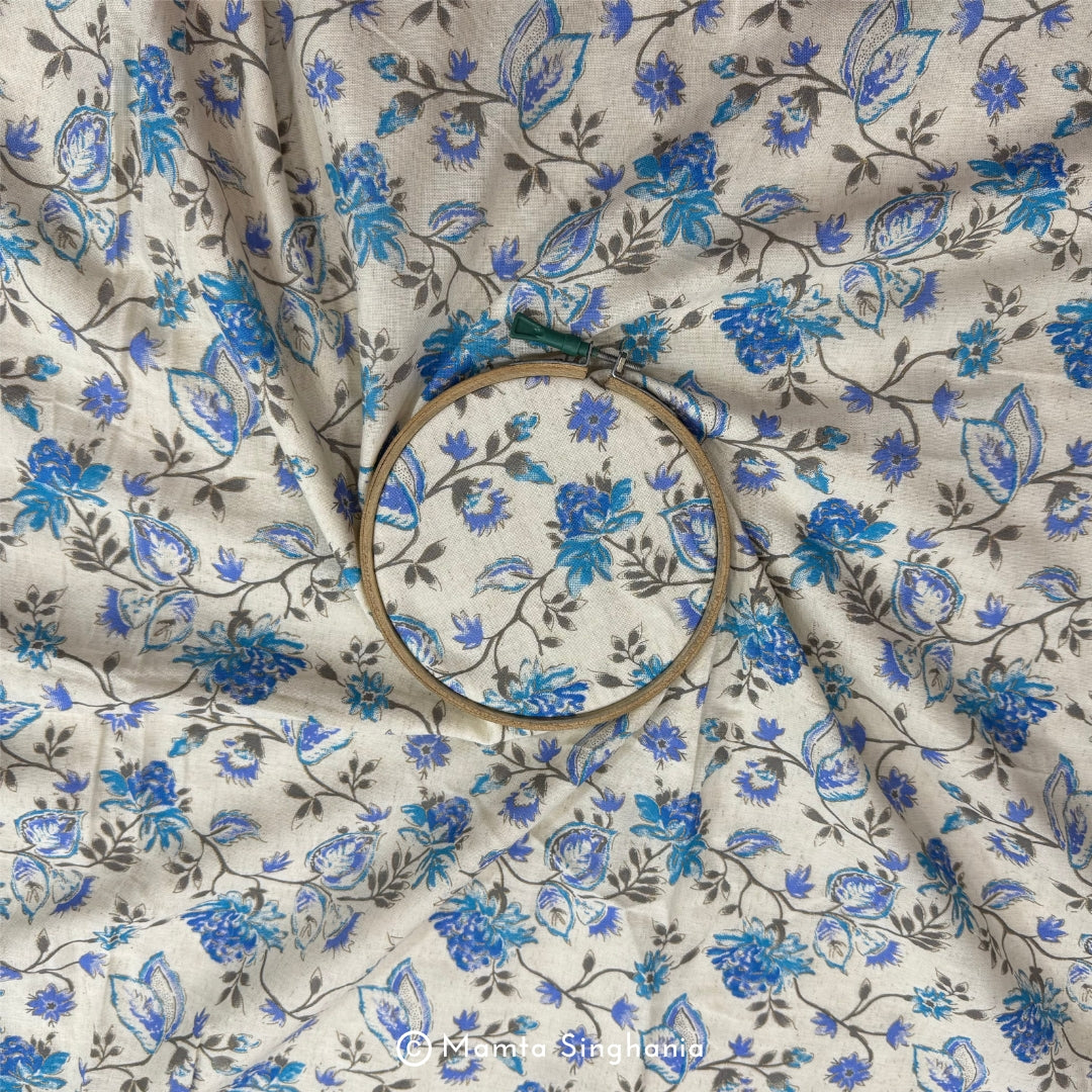 Blue Floral Handloom Cotton Fabric with Foil Print