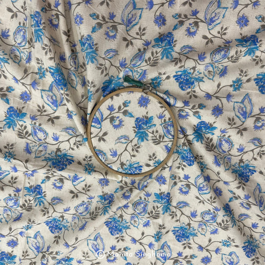 Blue Floral Handloom Cotton Fabric with Foil Print