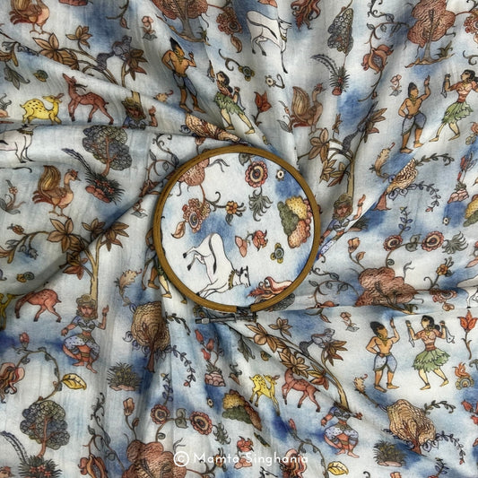 Blue Floral Fauna Pichwai Printed Mul Chanderi Fabric