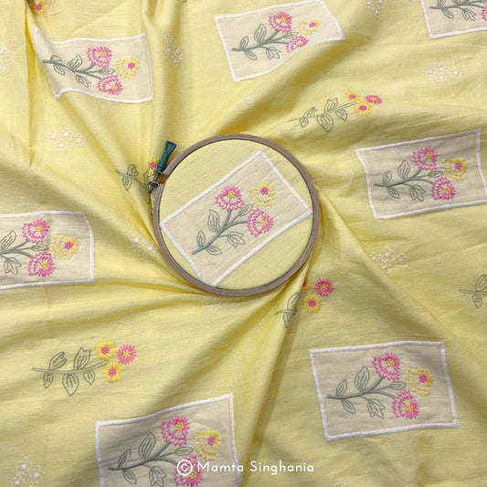 Light Yellow Floral Embroidered Mul Chanderi Fabric