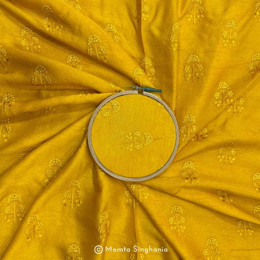 Yellow Floral Embroidered Raw Silk Fabric