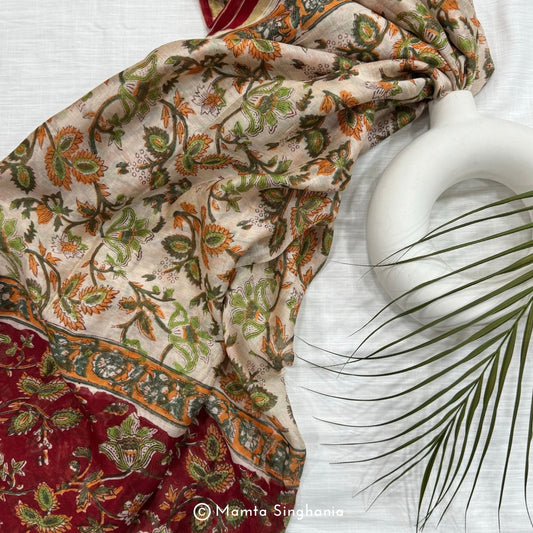 Hand-Block Red Cream Floral Printed Chanderi Dupatta