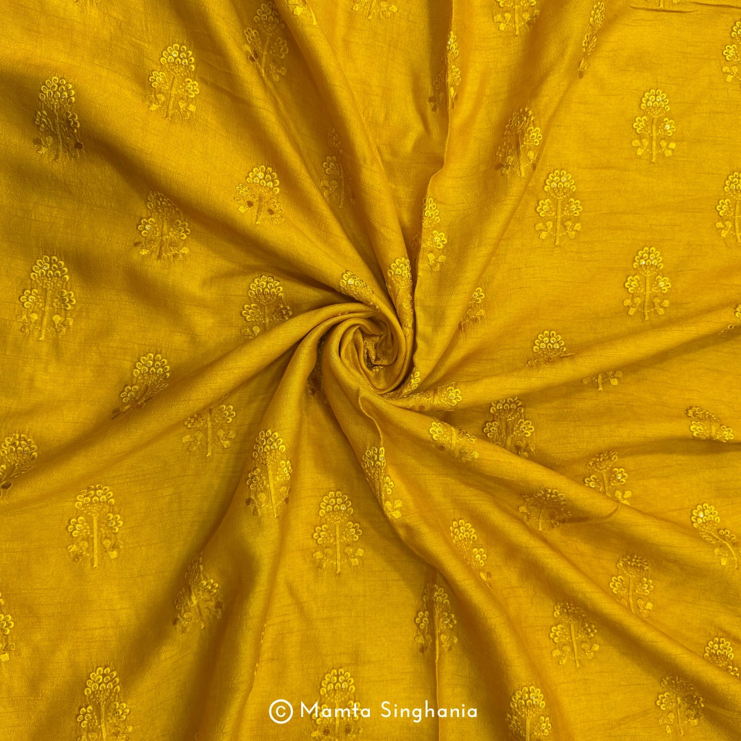 Yellow Floral Embroidered Raw Silk Fabric