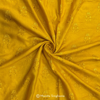 Yellow Floral Embroidered Raw Silk Fabric