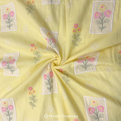 Light Yellow Floral Embroidered Mul Chanderi Fabric
