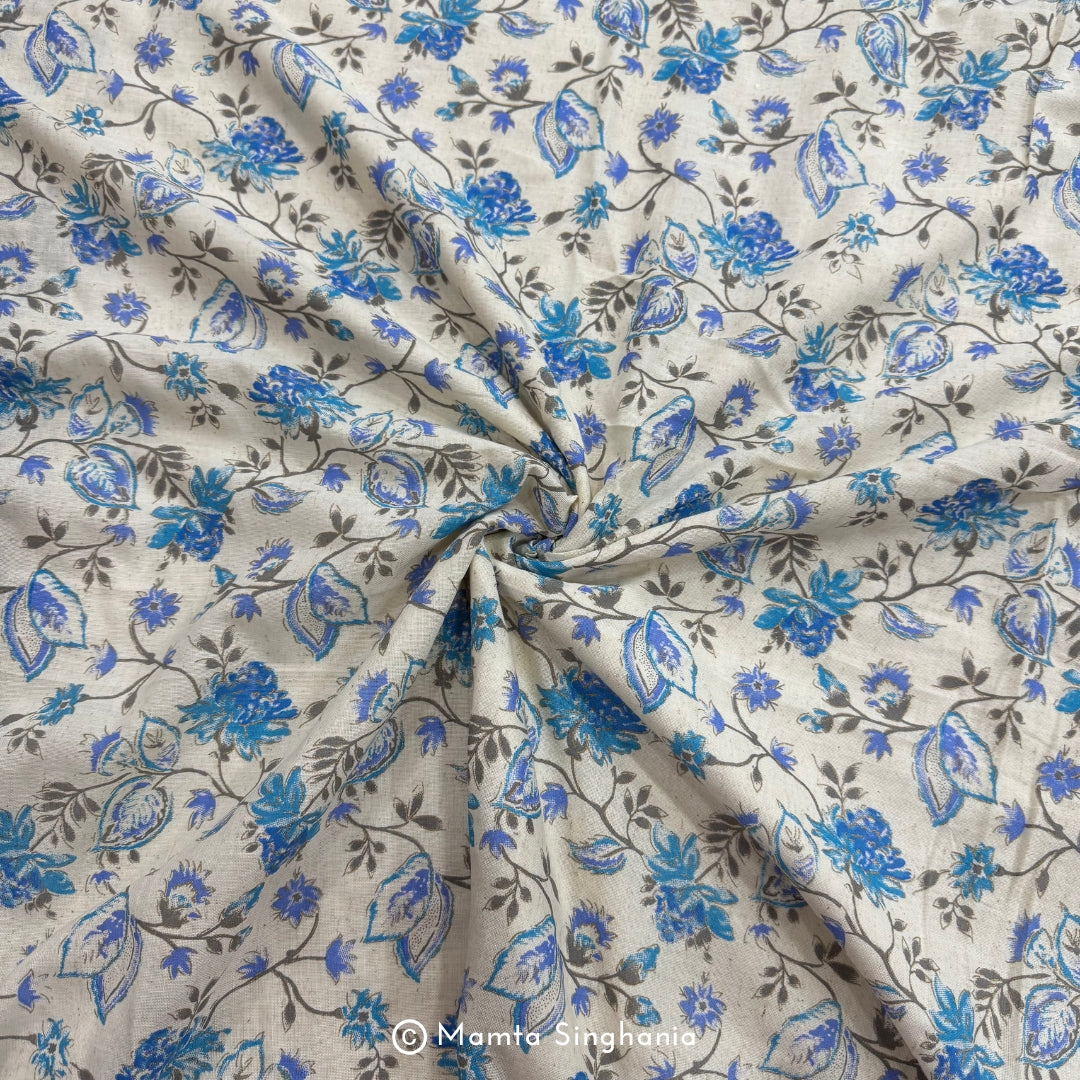 Blue Floral Handloom Cotton Fabric with Foil Print