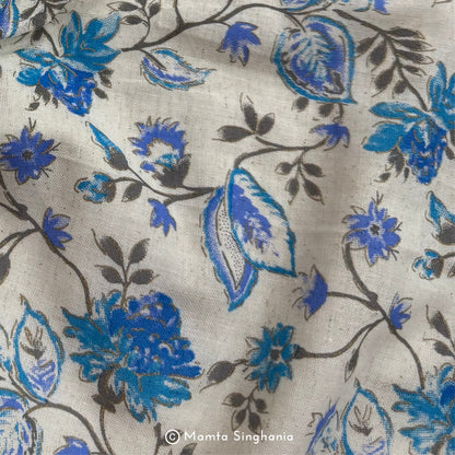 Blue Floral Handloom Cotton Fabric with Foil Print