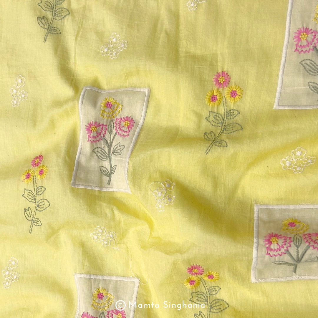 Light Yellow Floral Embroidered Mul Chanderi Fabric