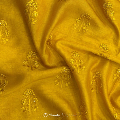 Yellow Floral Embroidered Raw Silk Fabric