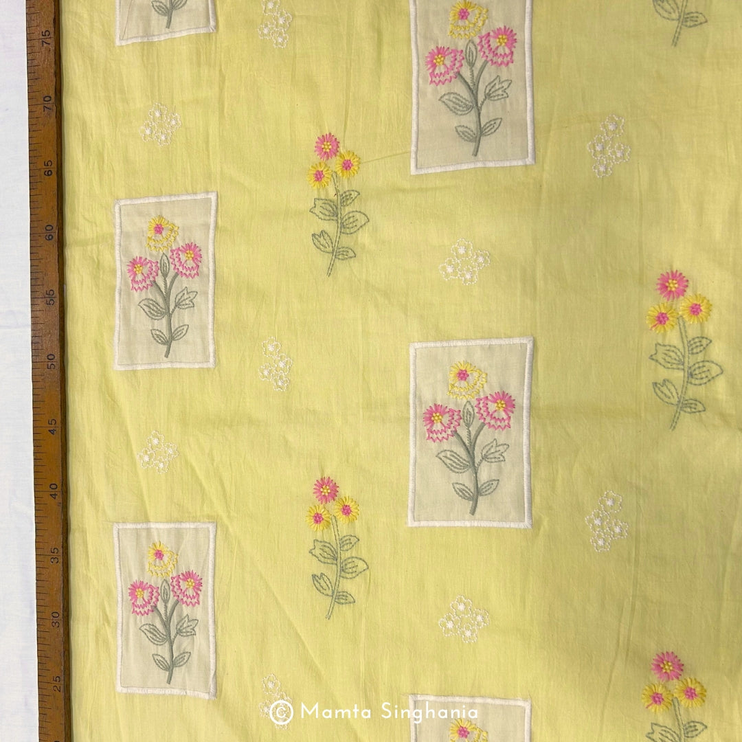 Light Yellow Floral Embroidered Mul Chanderi Fabric