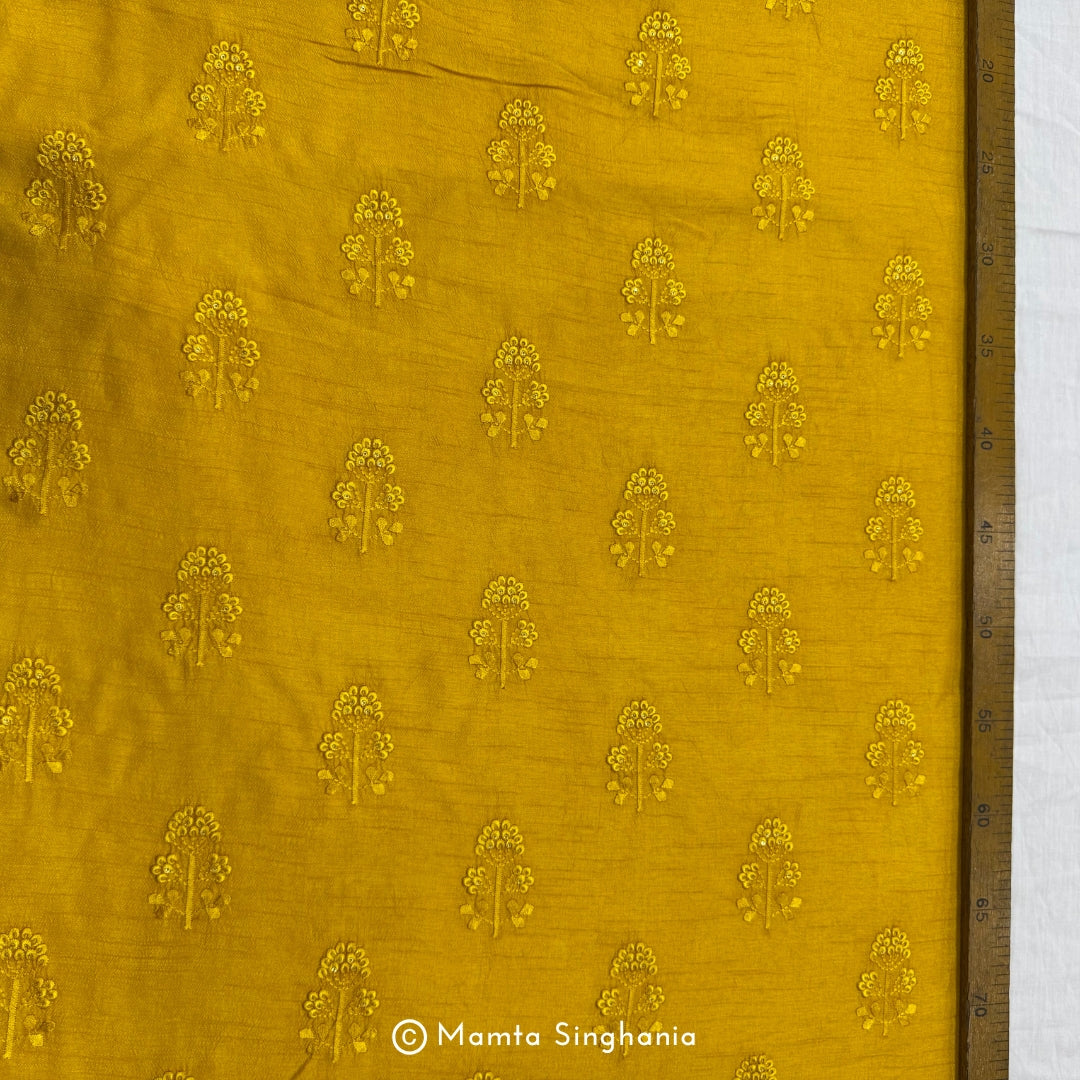 Yellow Floral Embroidered Raw Silk Fabric