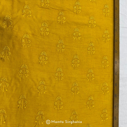 Yellow Floral Embroidered Raw Silk Fabric