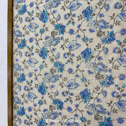 Blue Floral Handloom Cotton Fabric with Foil Print