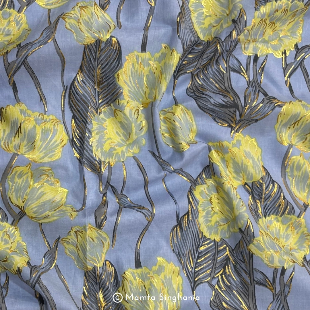 Periwinkle Blue Floral Foil Printed Cotton Fabric