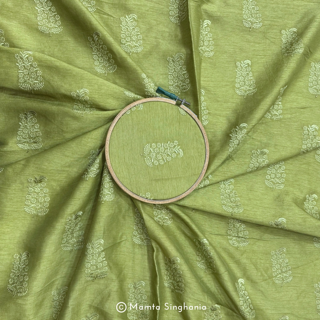 Green Floral Embroidered Raw Silk Fabric