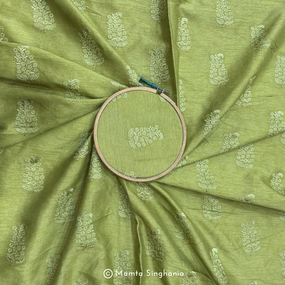 Green Floral Embroidered Raw Silk Fabric
