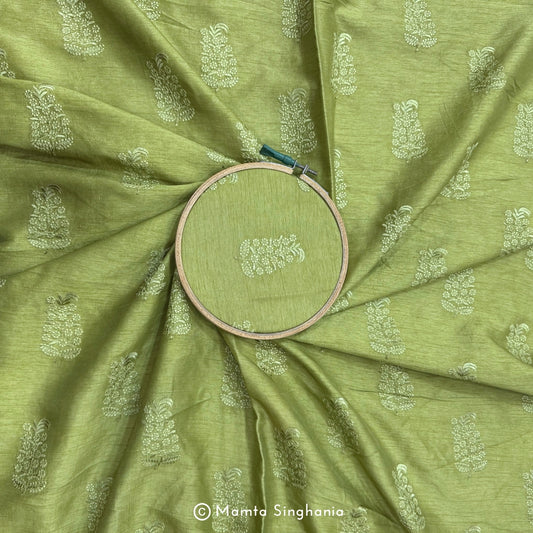 Green Floral Embroidered Raw Silk Fabric