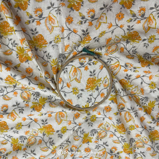 Yellow Floral Handloom Cotton Fabric with Foil Print