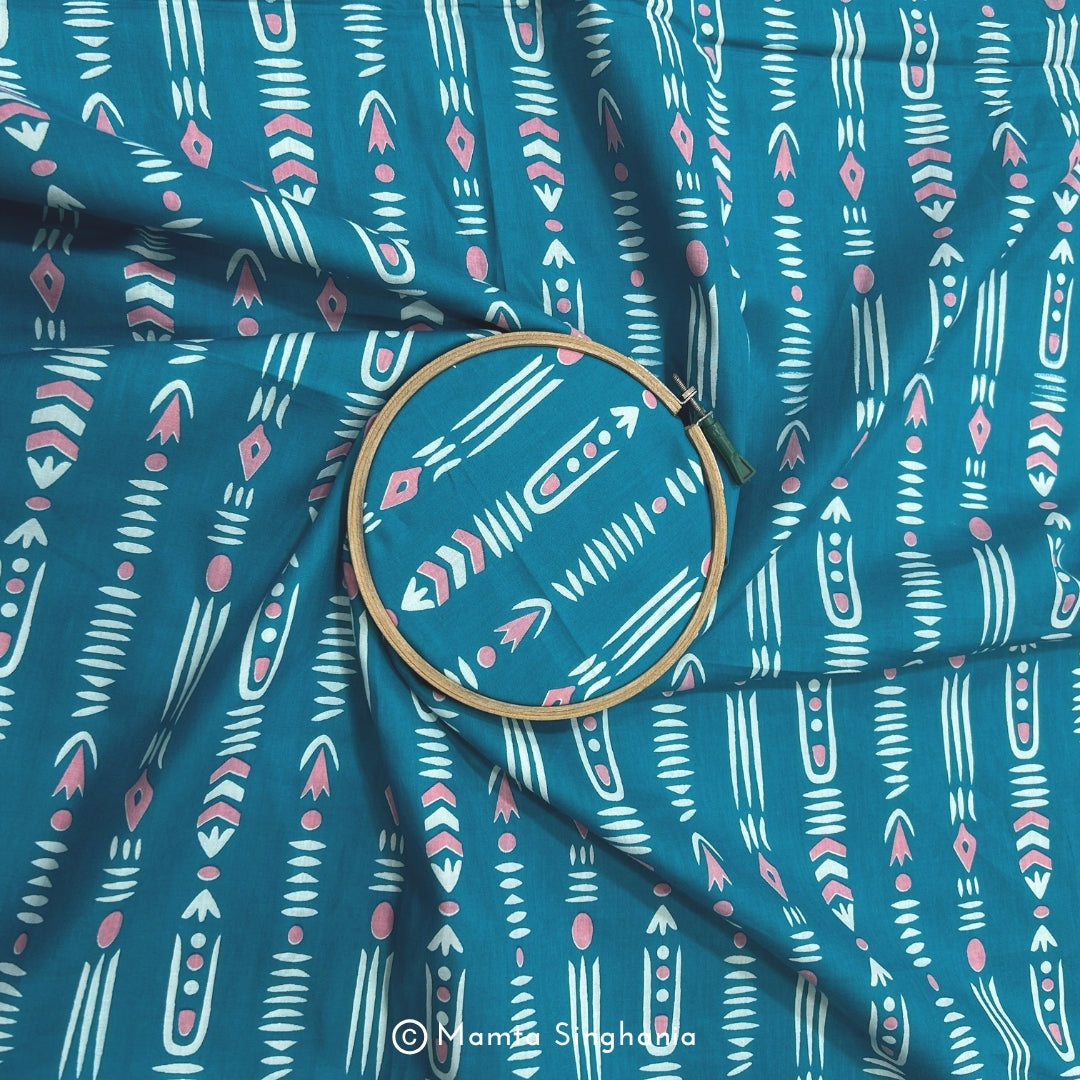 Teal Blue Abstract Printed Cotton Fabric
