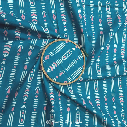Teal Blue Abstract Printed Cotton Fabric