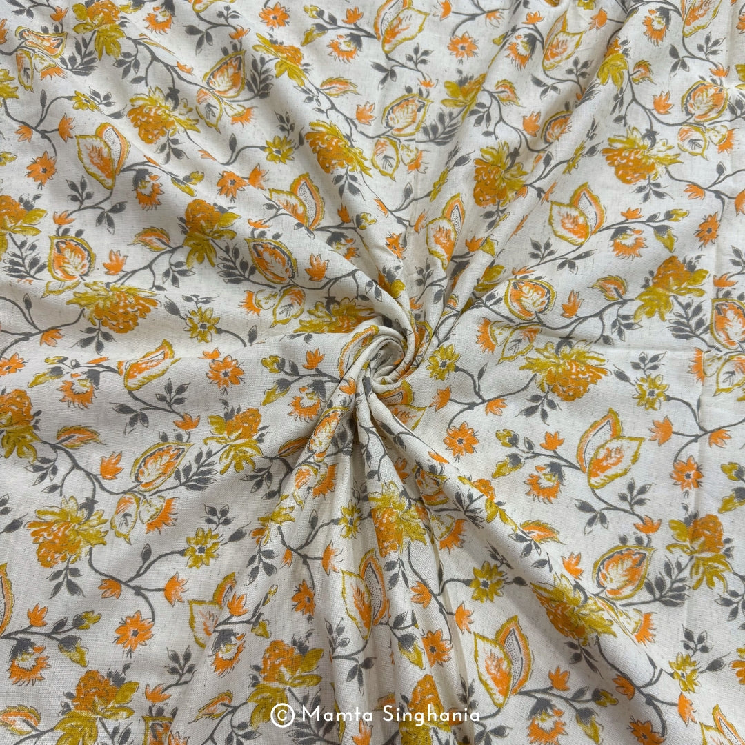 Yellow Floral Handloom Cotton Fabric with Foil Print