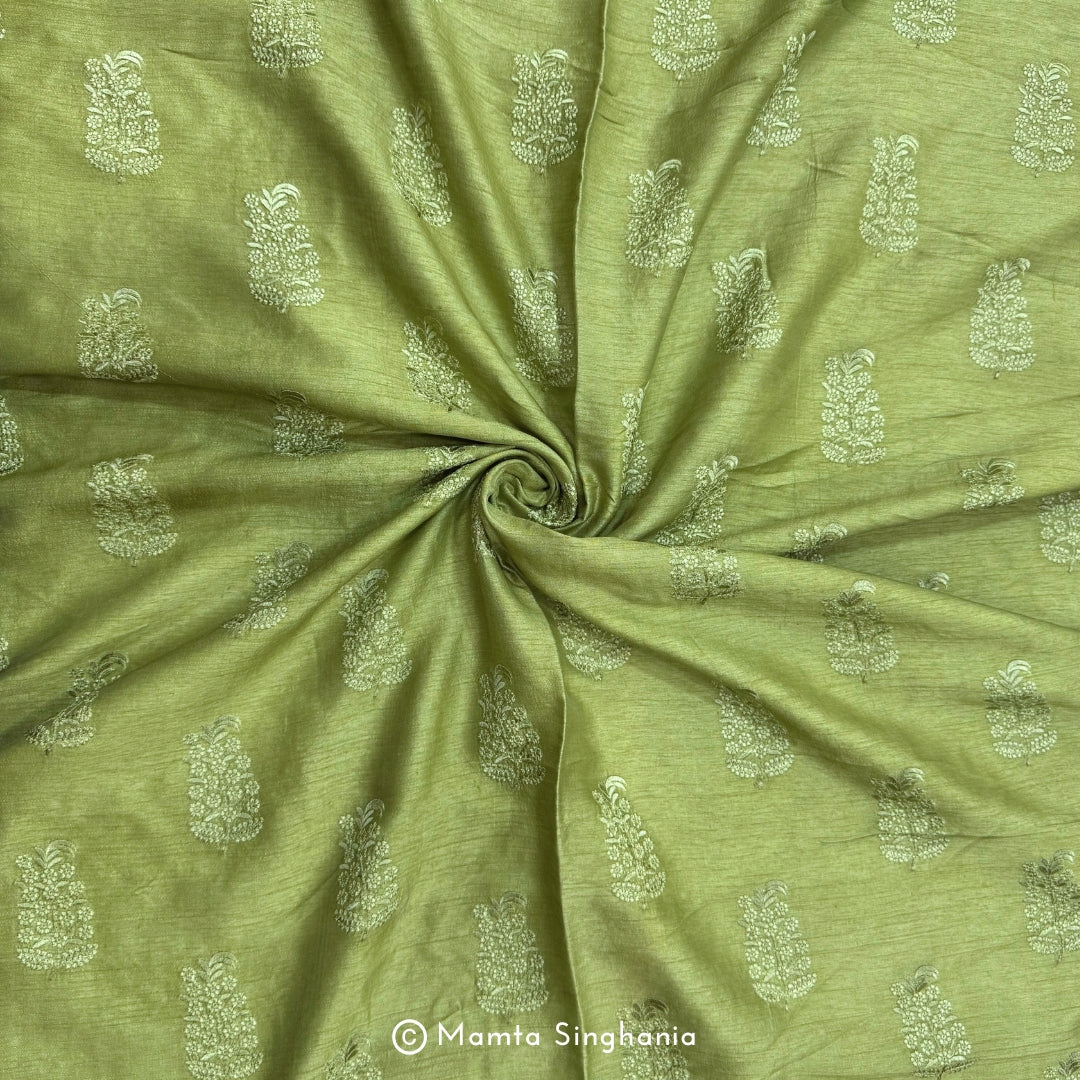Green Floral Embroidered Raw Silk Fabric