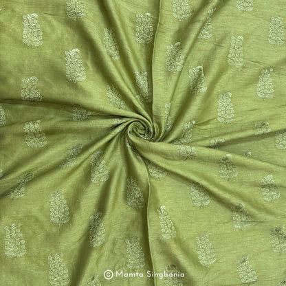 Green Floral Embroidered Raw Silk Fabric