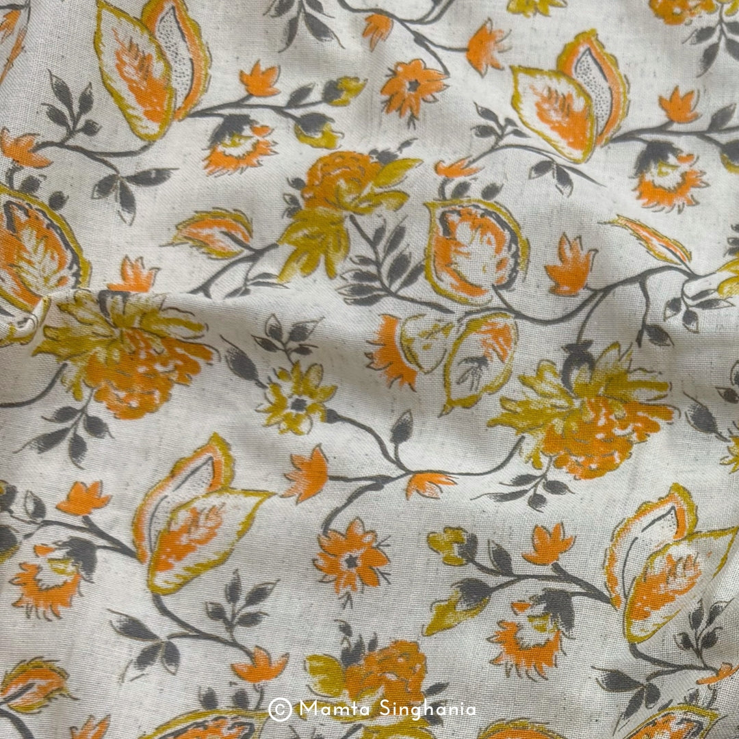 Yellow Floral Handloom Cotton Fabric with Foil Print
