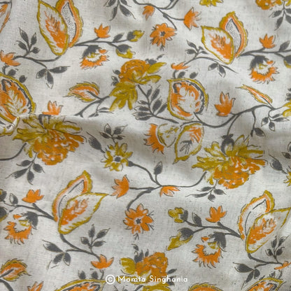Yellow Floral Handloom Cotton Fabric with Foil Print