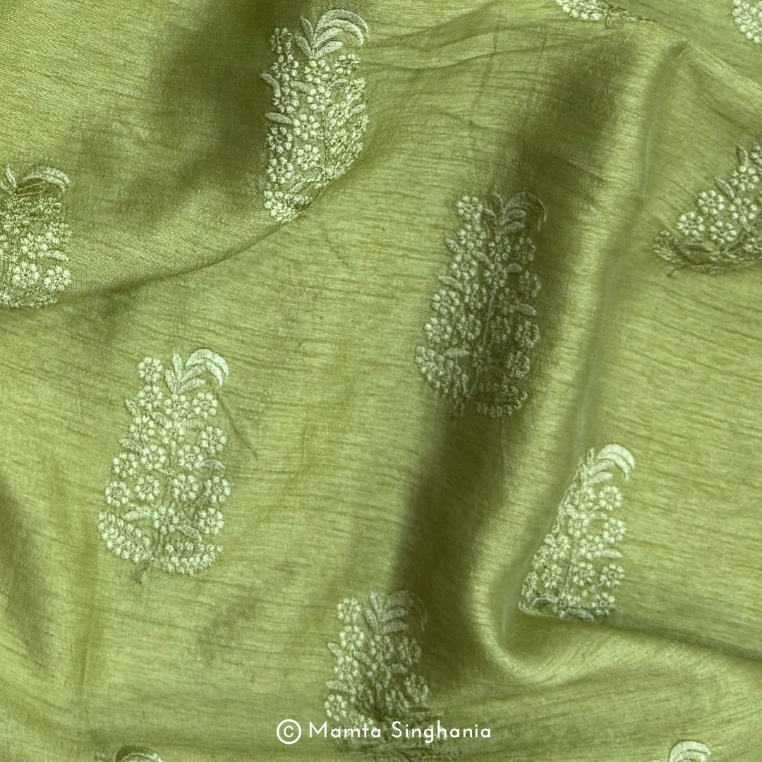 Green Floral Embroidered Raw Silk Fabric