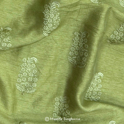 Green Floral Embroidered Raw Silk Fabric